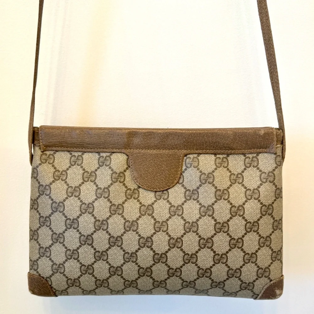 Gucci Vintage Crossbody Coated Canvas Shoulder Bag GG Monogram Leather Trim - Picture 11 of 17